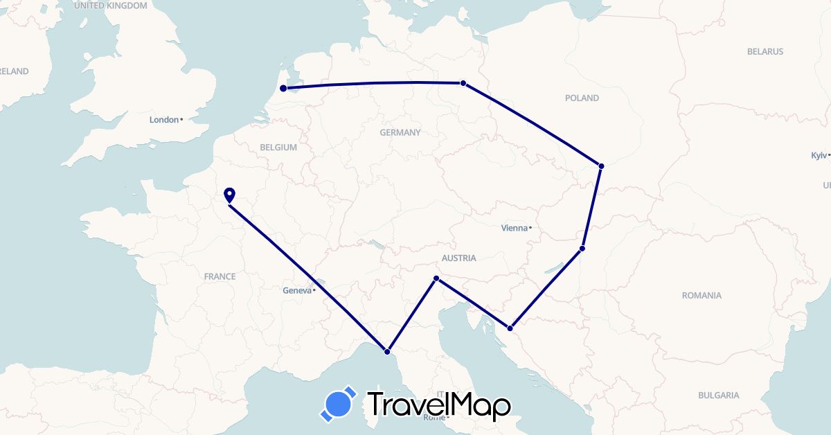 TravelMap itinerary: driving in Germany, France, Croatia, Hungary, Italy, Netherlands, Poland (Europe)